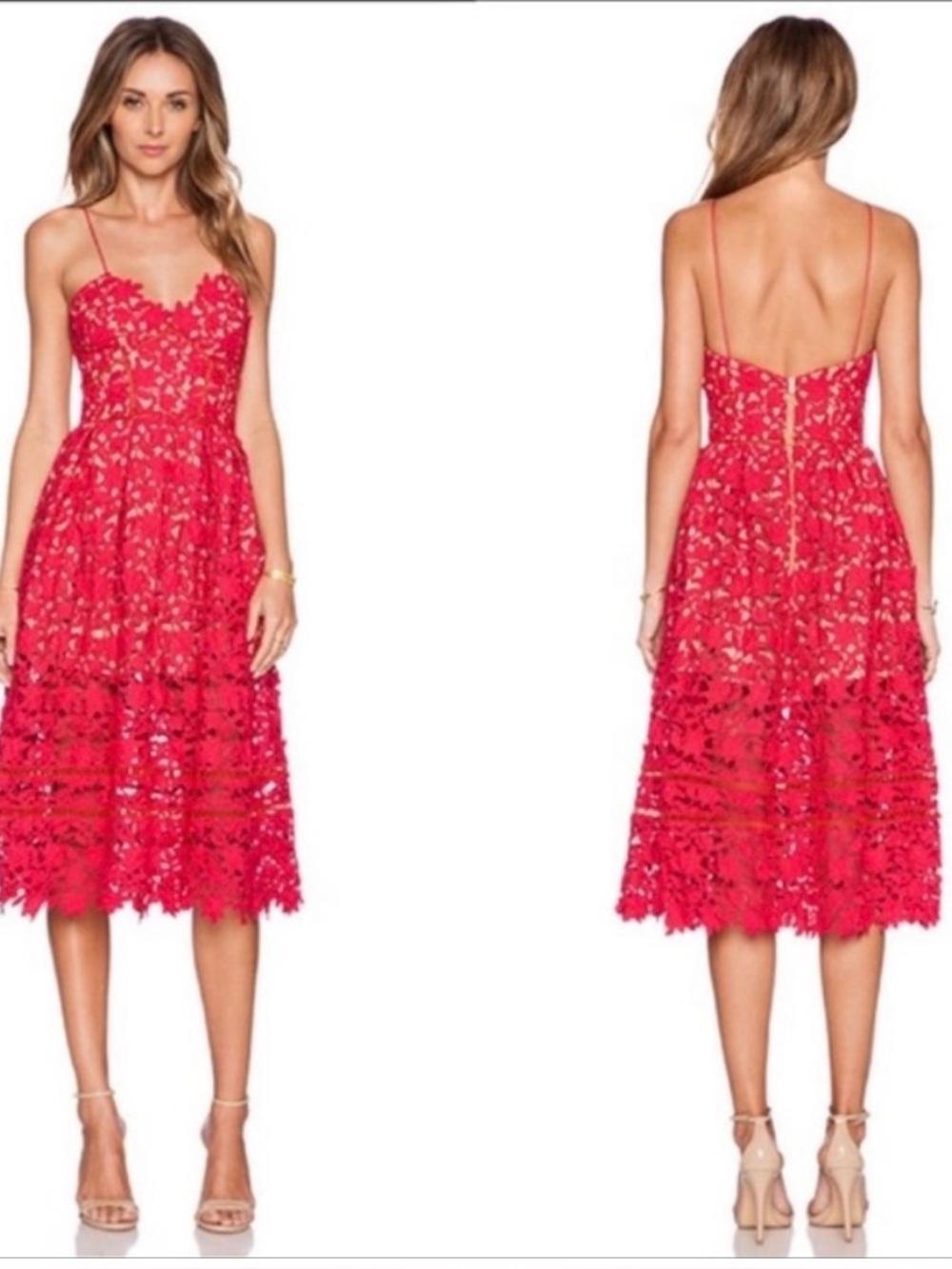 Self portrait Red Lace Midi Dress with Spaghetti Straps- size 8